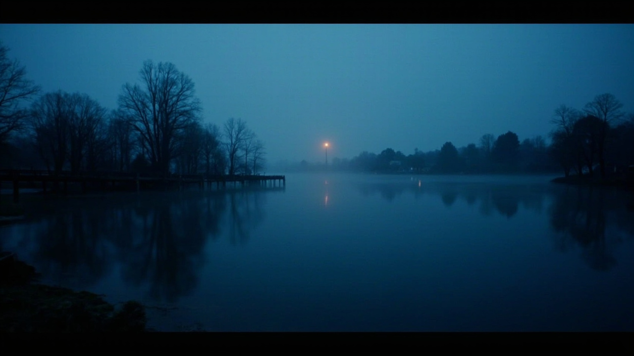 Atmospheric blue-hour photo of a misty river at twilight with a wooden dock and a single warm streetlamp glowing in the distance — Bartholomew County, Indiana