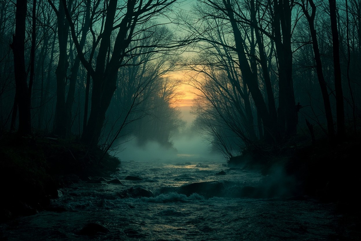 Atmospheric photograph of a misty Ohio River Valley forest at twilight with bare hardwood branches, low fog across a creek, and a faint amber glow on the horizon