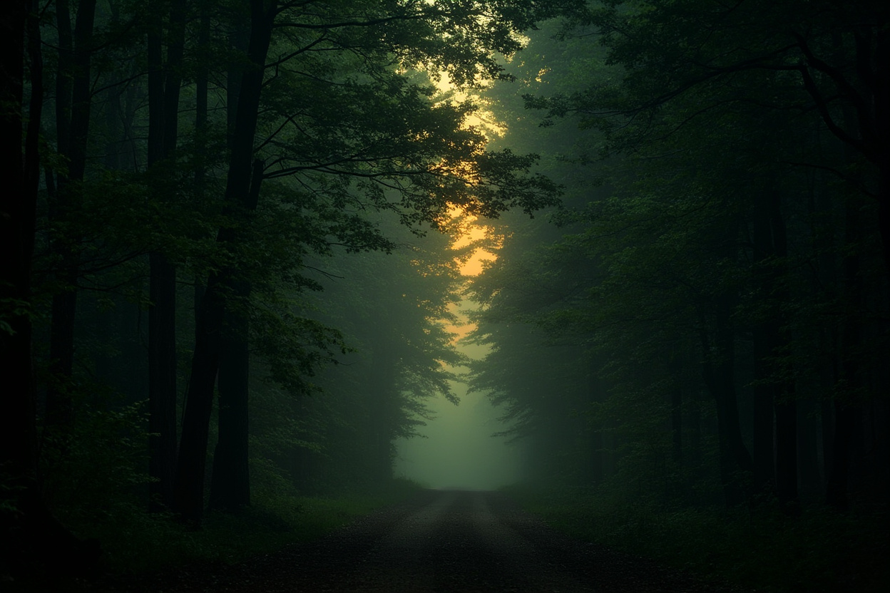 Atmospheric photograph of a dark southern Indiana hardwood forest at dusk in Brown County with low fog drifting between the trunks and a faint amber rim light on the horizon