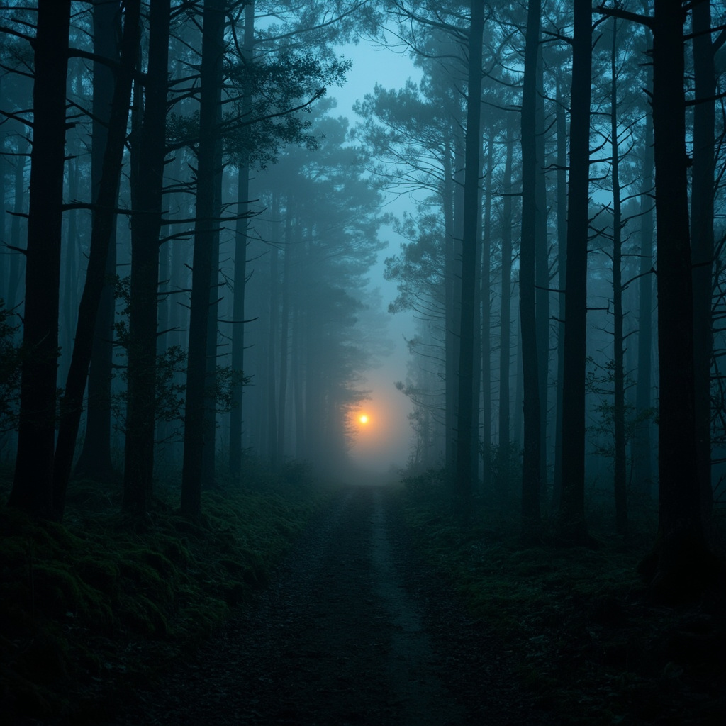 Atmospheric photograph of a misty Appalachian hardwood forest in southern Ohio at pre-dawn blue hour with hemlock and oak trunks rising into fog and a faint amber glow on the eastern horizon — the Hocking Hills, Vinton County, home of the annual Bigfoot Festival