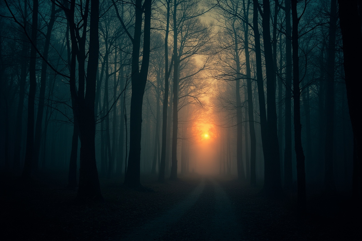 Atmospheric pre-dawn photograph of a misty southern Indiana hardwood forest in Brown County with low fog drifting between the bare trunks and a faint amber glow on the horizon — the kind of woods surrounding the September 25-26 Indiana Bigfoot Conference