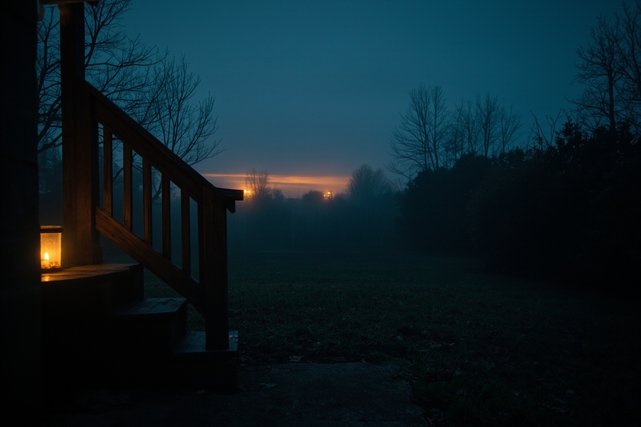 Atmospheric twilight photograph of a foggy suburban Indianapolis backyard in early autumn, narrow strip of remaining dense woods at the back fence line with bare-branched maples and oaks, low amber ground fog drifting across a small grass lawn, a single citronella candle glowing on a wooden porch step, dim suburban house windows lit amber in the background through the mist, deep blue pre-twilight sky with a thin orange horizon glow, a faint suggestion of distant city light pollution on the horizon, moody cinematic heartland feel, dark amber and slate-blue palette, sense of quiet watching — Marion County, IN, 2026