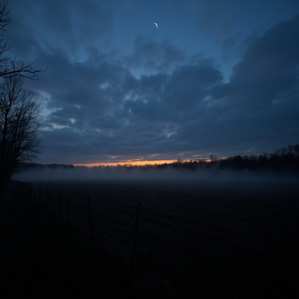 Atmospheric pre-dawn photograph of a misty eastern Ohio rural farm field in early spring with low fog drifting across a fallow plowed field bordered by bare oak and maple trunks at the edge of a woodlot and a faint amber dawn glow on the horizon — Columbiana County, Ohio, site of the Landon photo from March 12, 2026