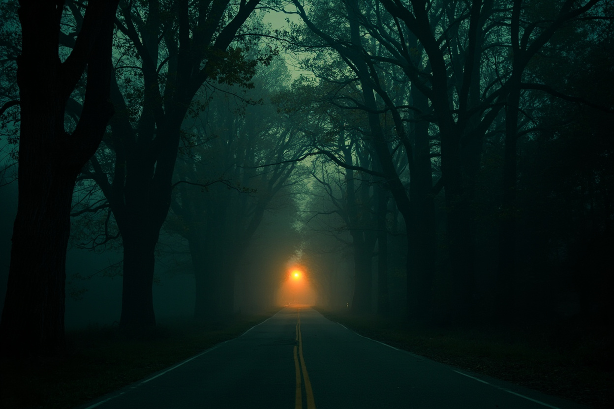 Atmospheric photograph of a dark, foggy Illinois hardwood forest at dusk with a quiet rural road disappearing into the timber — the kind of woods around Madison County, IL where BFRO reports go back to 1972
