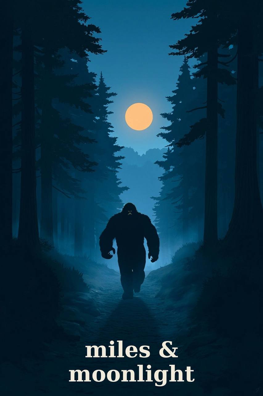 Miles and Moonlight Bigfoot t-shirt design — silhouette of Sasquatch striding through pine forest under a glowing orange moon