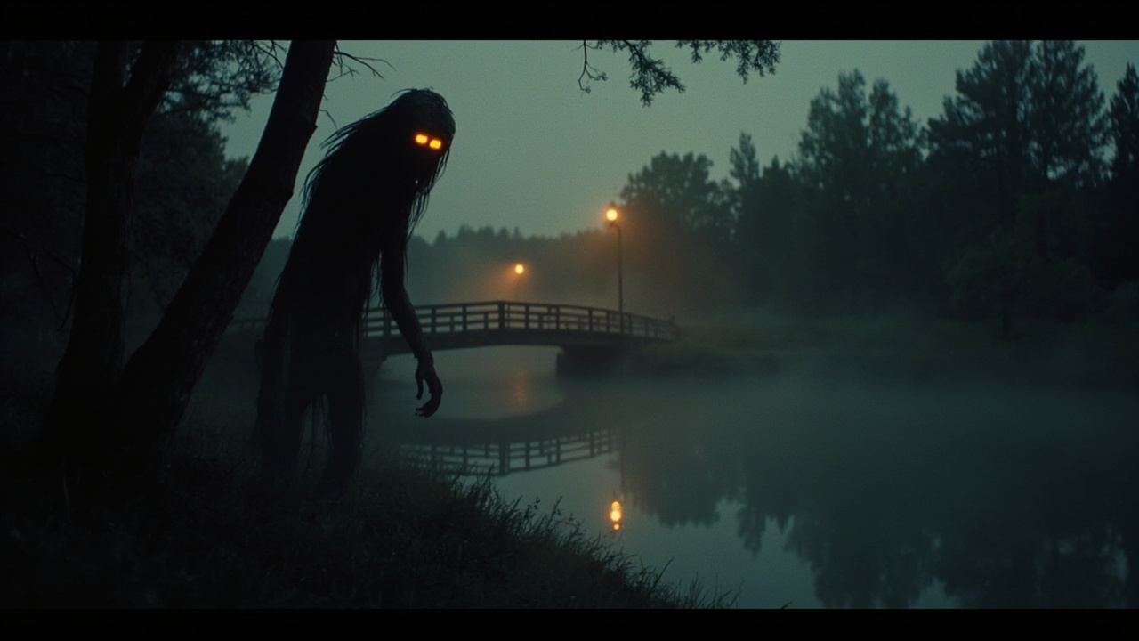 Atmospheric illustration of a tall shadowy creature with glowing amber eyes emerging beside a misty river and wooden footbridge at dusk — Columbus, Indiana 1974