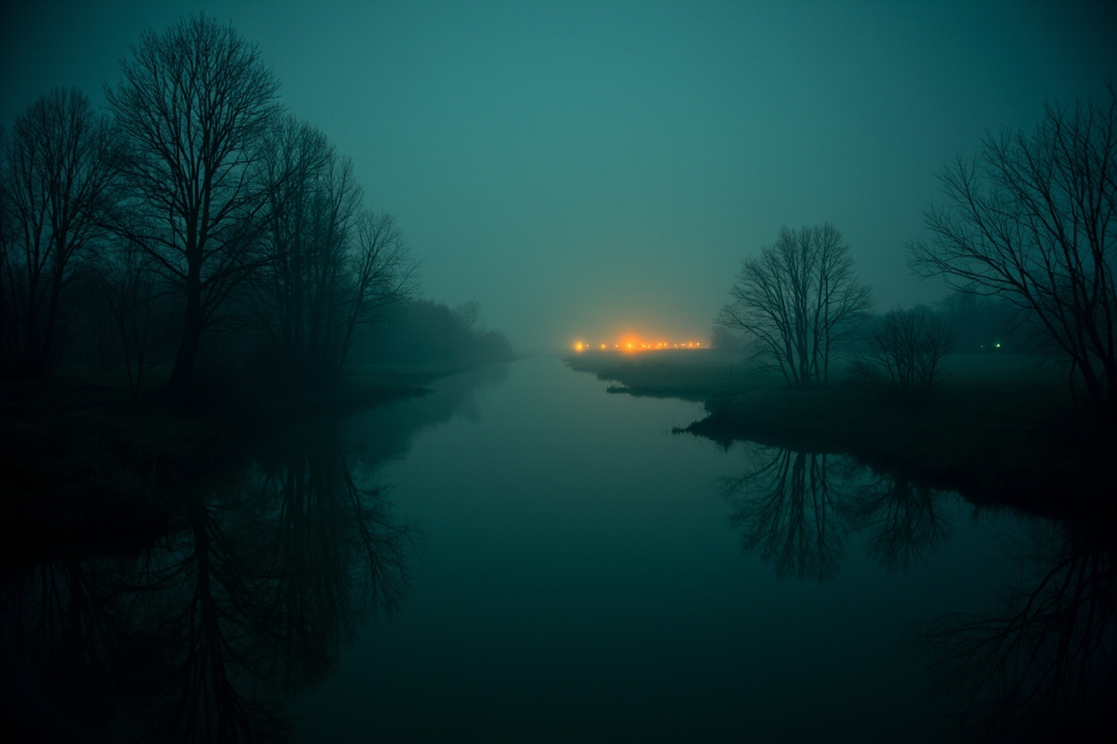 Atmospheric photograph of a misty central Indiana river valley at pre-dawn blue hour with low fog drifting over the dark Mississinewa River, silhouettes of bare sycamore and hardwood trees along the bank, and a faint amber glow on the eastern horizon