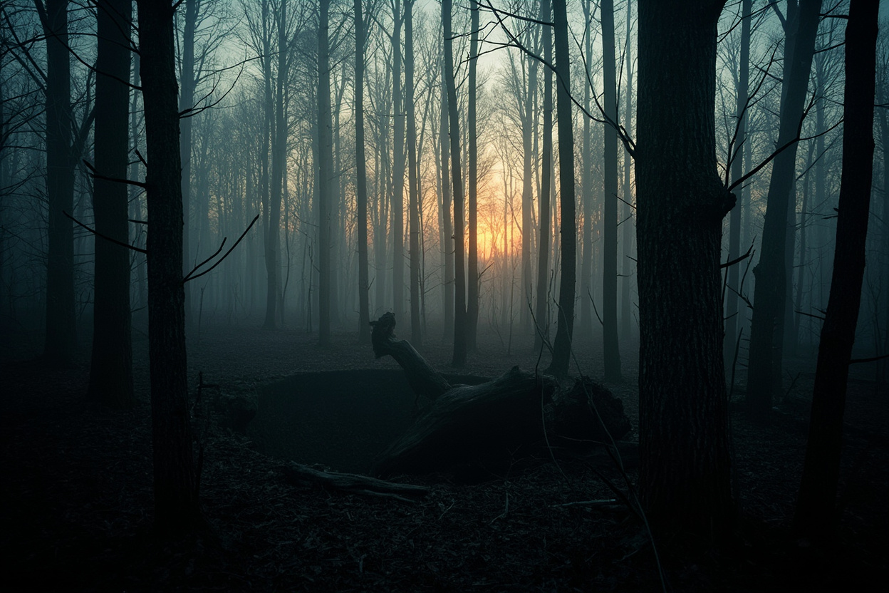 Atmospheric photograph of a misty southern Indiana hardwood forest at dusk in Morgan-Monroe State Forest with low fog drifting between tall oak trunks and a faint amber glow on the horizon