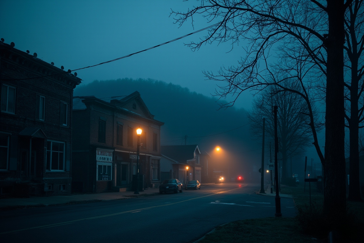 Atmospheric photograph of a foggy pre-dawn historic Appalachian town square in Nelsonville, Ohio at blue hour with brick storefronts silhouetted against a misty hollow, the Wayne National Forest rising in the background, low fog drifting between bare hardwood trunks at the edge of town, a single amber streetlamp glowing softly, and a faint amber dawn glow on the eastern horizon — site of the inaugural Nelsonville Bigfoot Festival, October 2-4, 2026