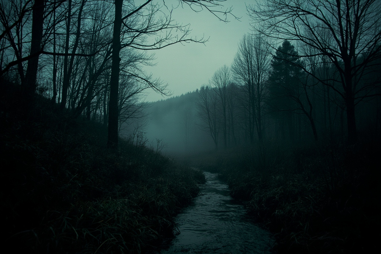 Atmospheric photograph of a misty Ohio forest at dusk with bare trees and a winding creek — site of the March 2026 Bigfoot sightings