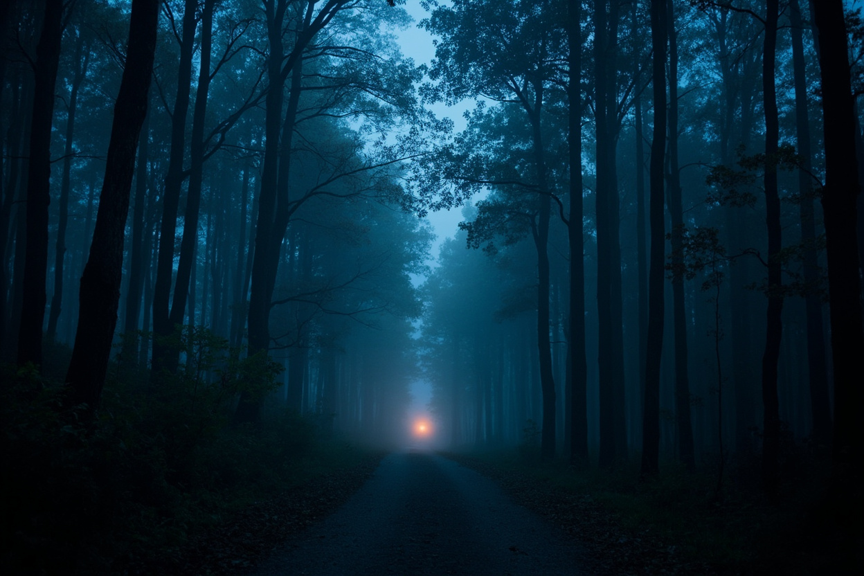 Atmospheric photograph of a dark, misty western Kentucky hardwood forest at pre-dawn blue hour with low fog drifting between tall oak and hickory trunks in a ridge-and-hollow landscape near the Ohio River, a narrow gravel road disappearing into the timber, and a faint amber dawn glow on the eastern horizon