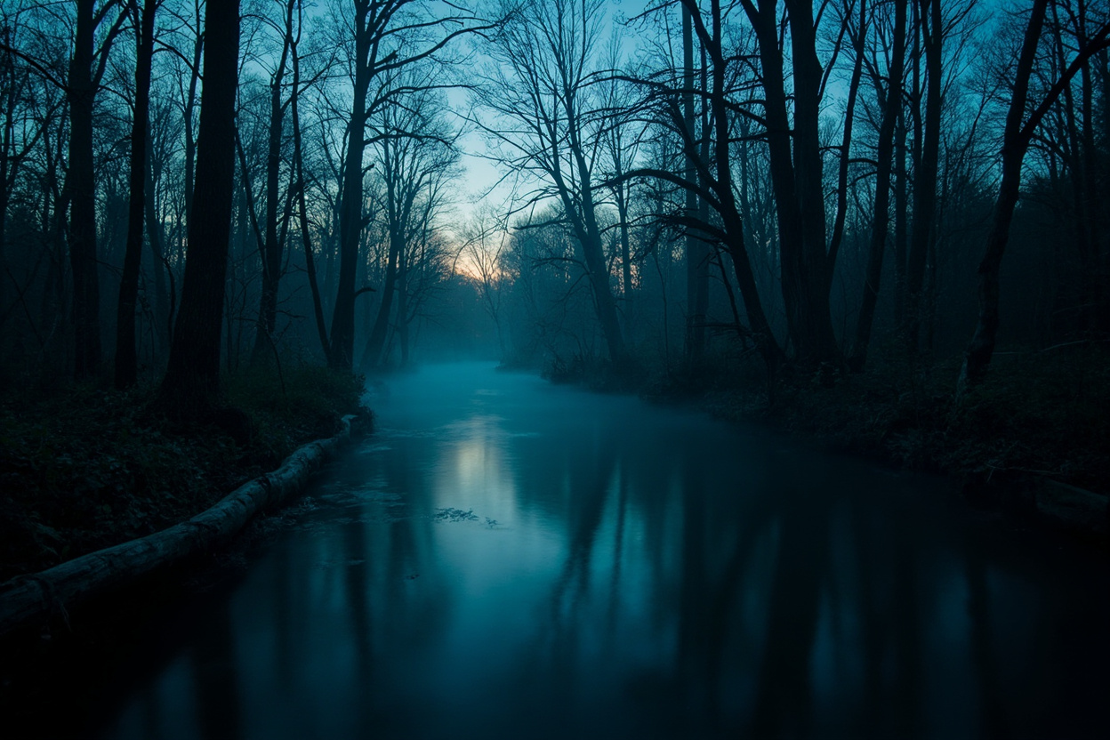 Atmospheric photograph of the Whitewater River valley near Connersville, Indiana at pre-dawn blue hour with low fog drifting over a slow, dark river flanked by bare sycamore and oak trunks, and the faintest amber sliver of dawn on the eastern horizon